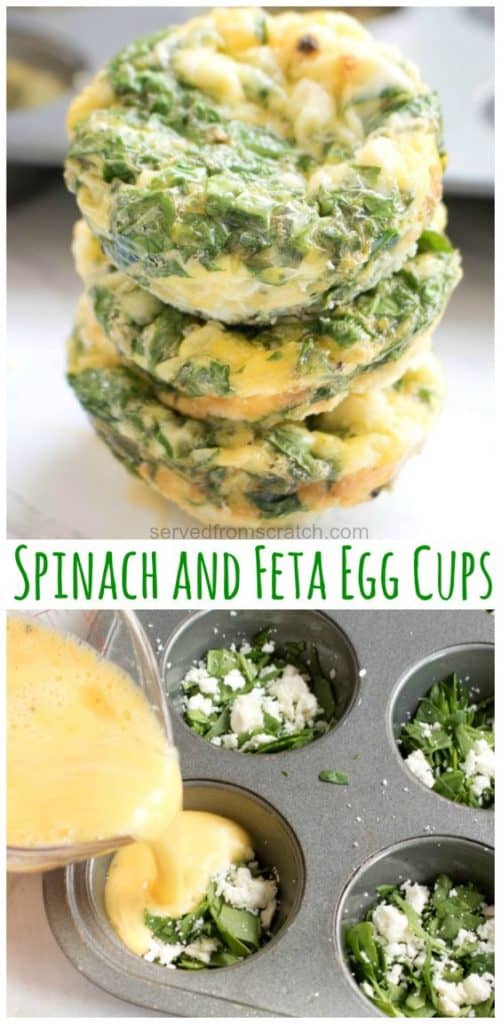 3 stacked egg cups with spinach with Pinterest pin text.