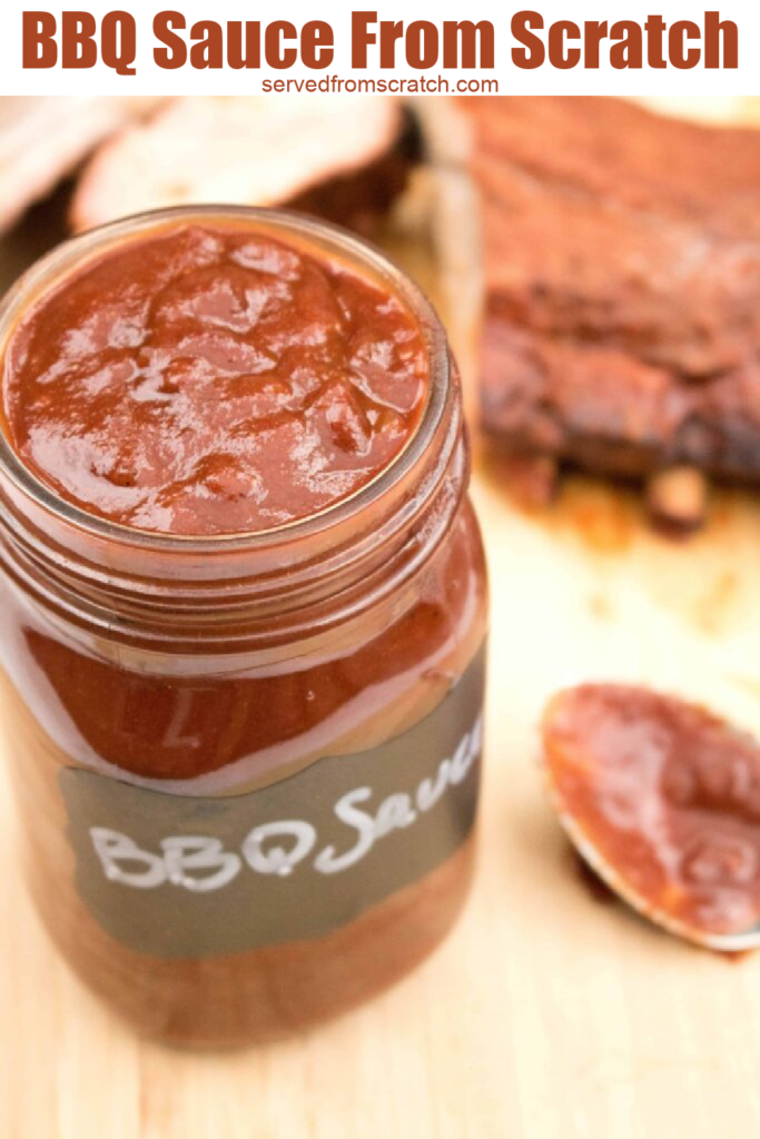 an open mason jar of bbq sauce with Pinterest pin text.