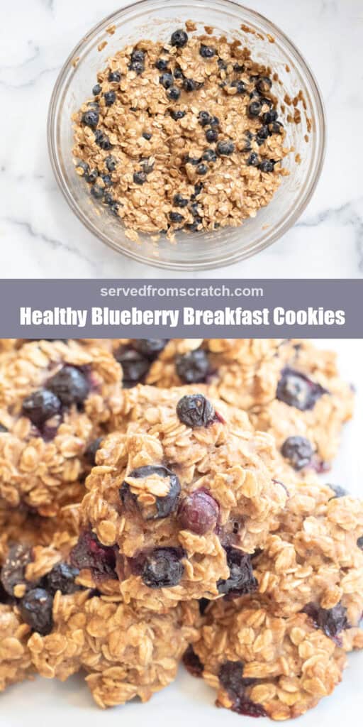 a bowl of mixed oats and blueberries, Pinterest pin text, and a plate of oat cookies with blueberries.