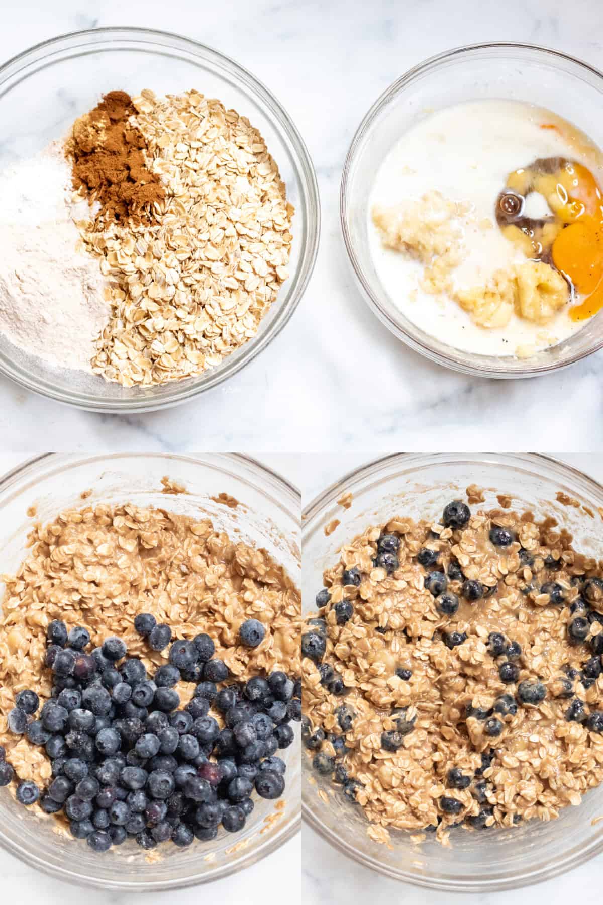 a picture of a bowl with oats and spices and flour and then another with egg yolks and bananas. Then a picture of it all mixed and with blueberries added and then it all mixed.