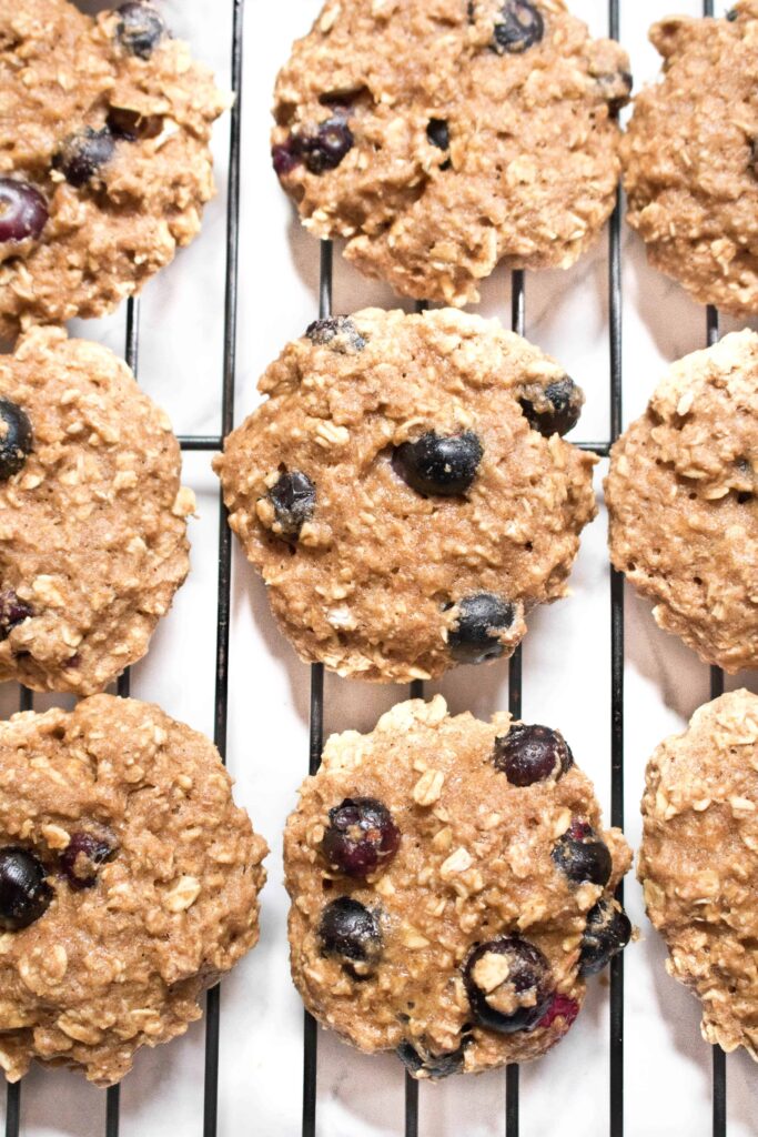 cooked Blueberry Oatmeal Cookies on a cooling rack