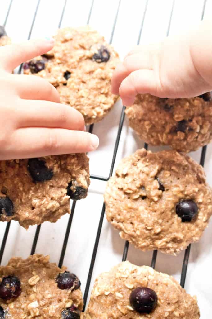 baked blueberry oatmeal cookies with kid and toddler hands grabbing cookies