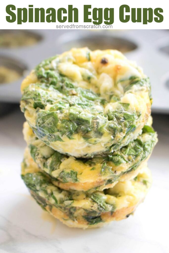 3 stacked egg cups packed with spinach with PInterest Pin text.