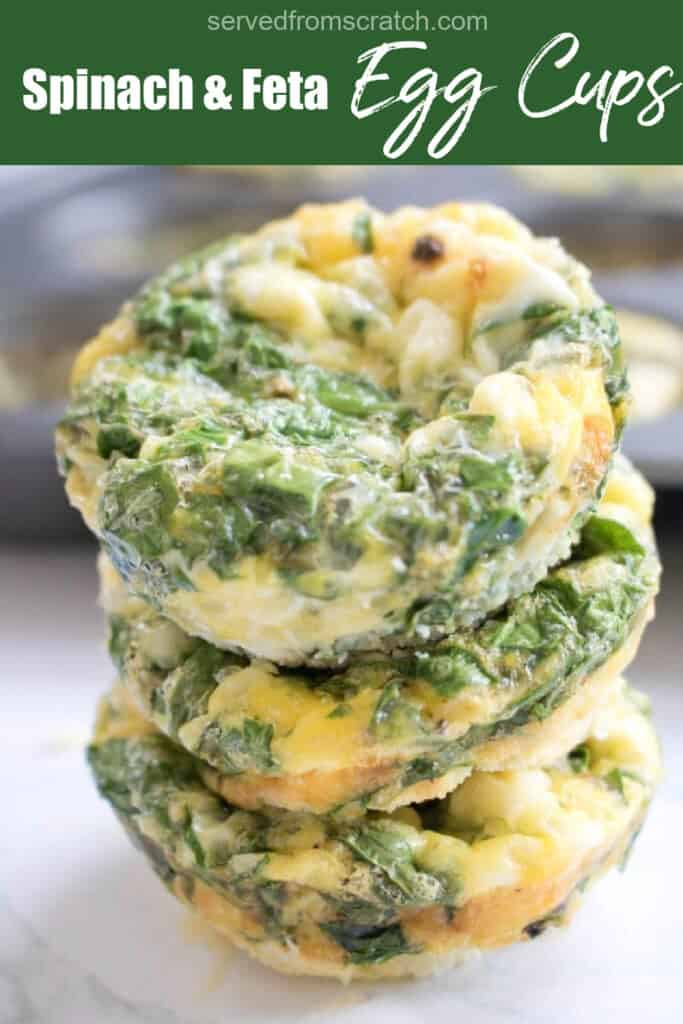 a stack of spinach egg cups with Pinterest pin text.