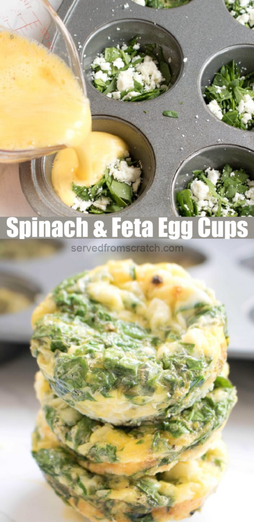 muffin tin and spinach and feta egg cups with Pinterest pin text.