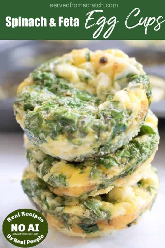 a stack of spinach egg cups with Pinterest pin text with NO AI sticker.