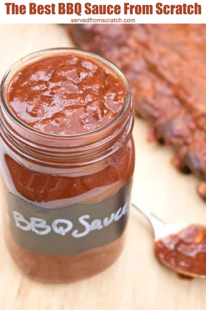 an open mason jar of bbq sauce with Pinterest pin text.