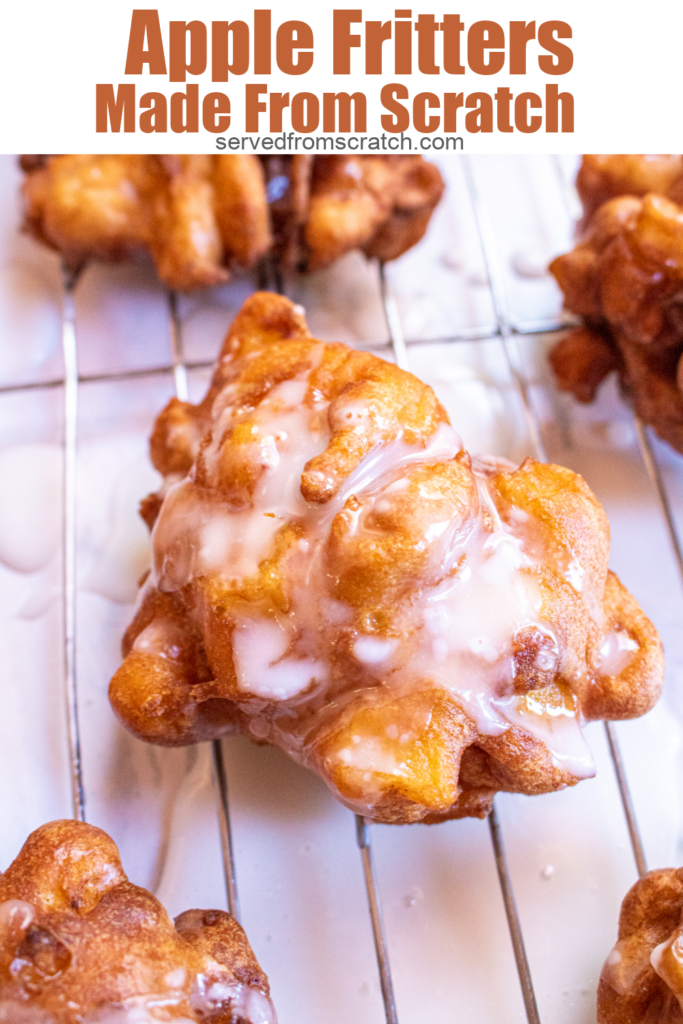 glazed apple fritter on a cooling rack and pinterest text.