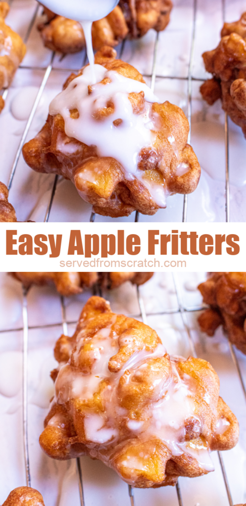 glazed apple fritters on a cooling rack and pinterest text.