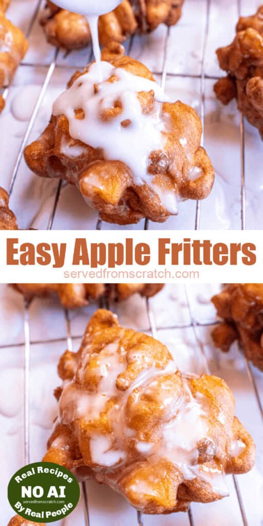 glazed apple fritters on a cooling rack and pinterest text with NO AI sticker.