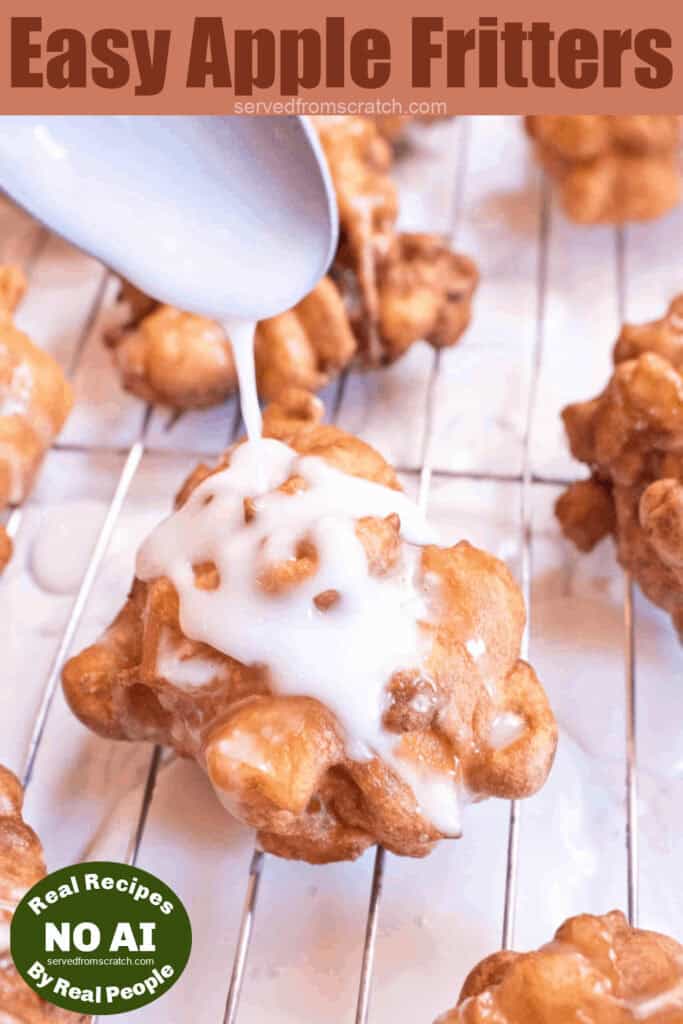 a tray of baked apple fritters with a spoon icing a fritter with Pinterest pin text with a NO AI sticker.