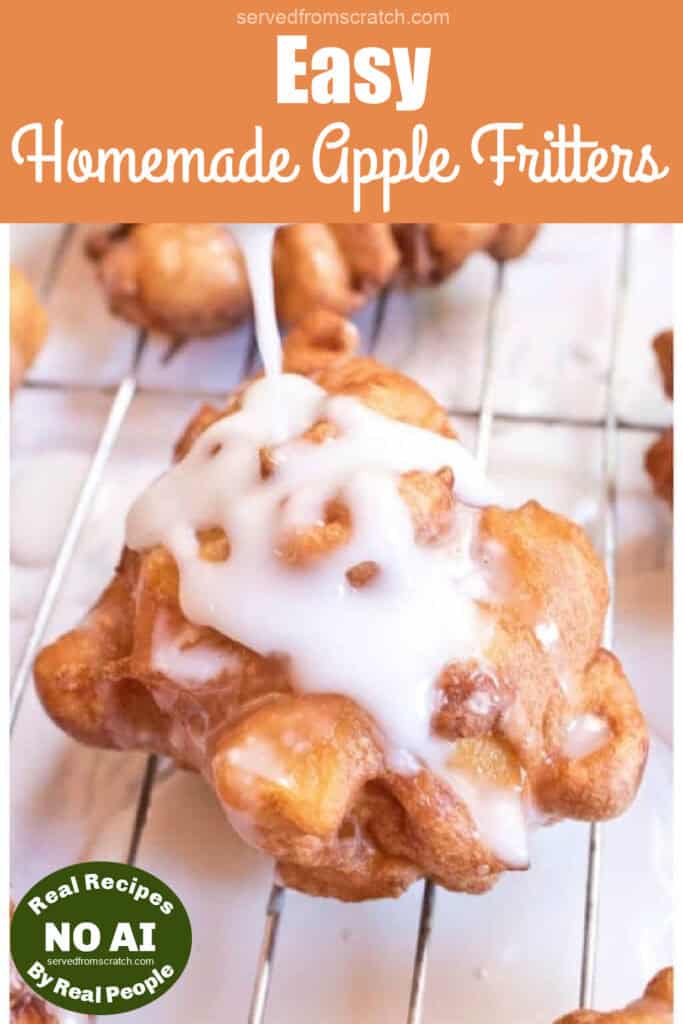 a tray of baked apple fritters with a spoon icing a fritter with Pinterest pin text with a NO AI sticker.