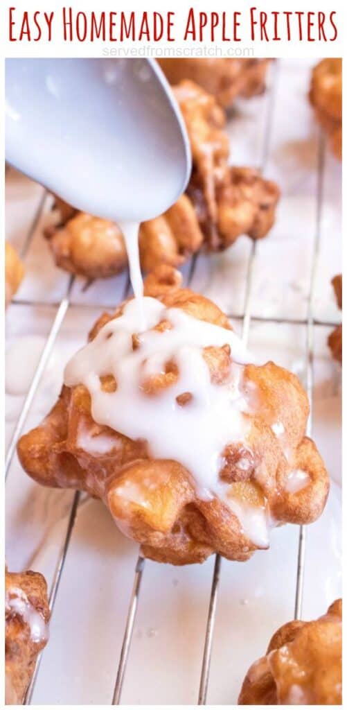 Icing being poured with a spoon on a fritter with Pinterest pin text.