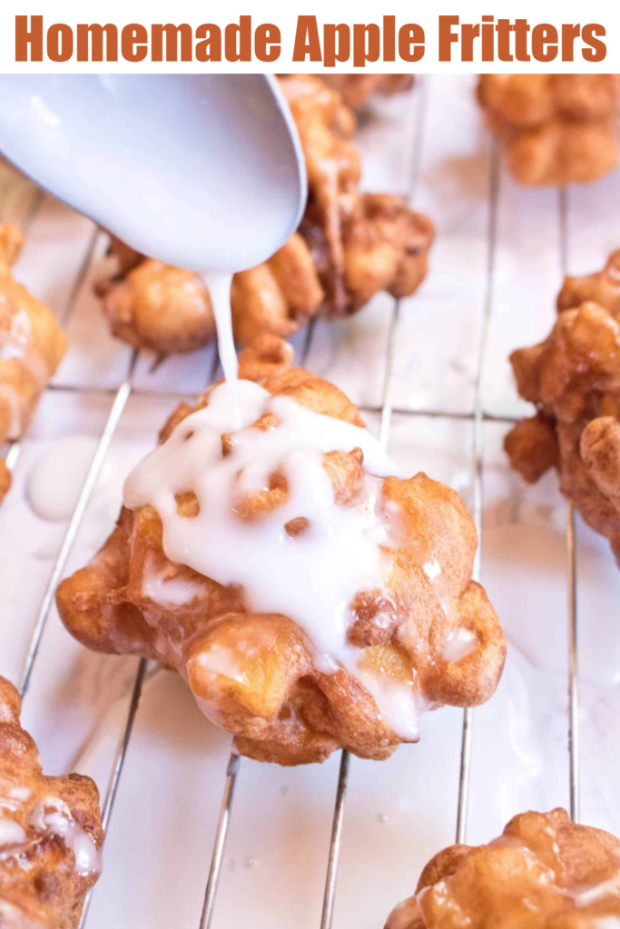 apple fritter with glaze being spooned on top with Pinterest pin text.