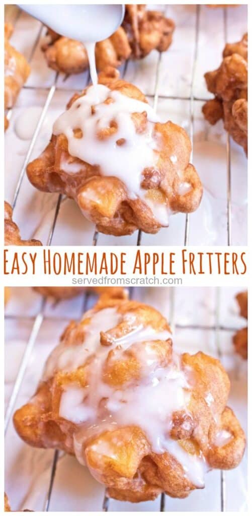 two apple fritters on cooling rack with icing being poured on with Pinterest pin text.