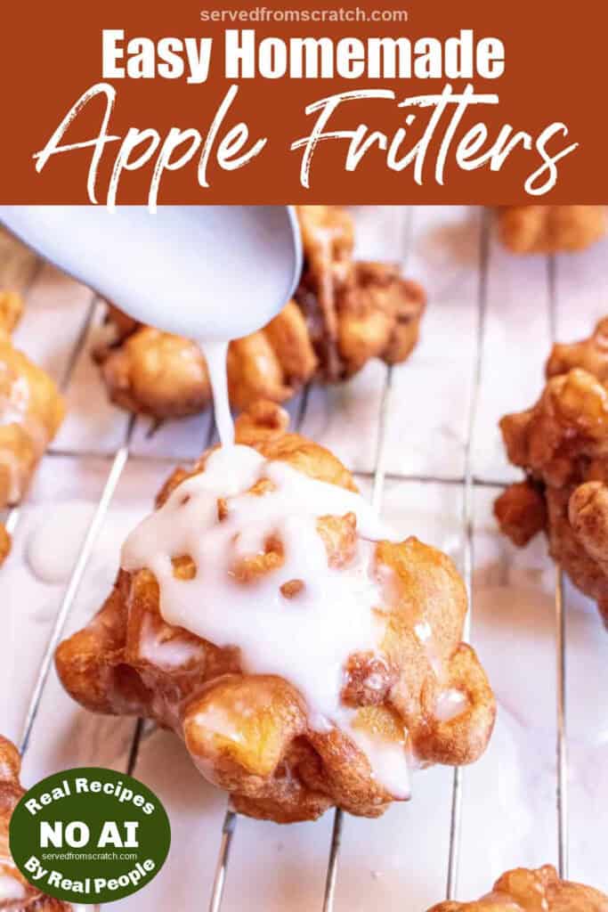 a tray of baked apple fritters with a spoon icing a fritter with Pinterest pin text with a NO AI sticker.