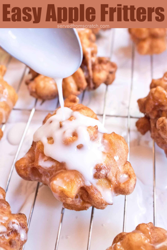 apple fritter on cooling rack with a spoon pouring icing on with Pinterest pin text.