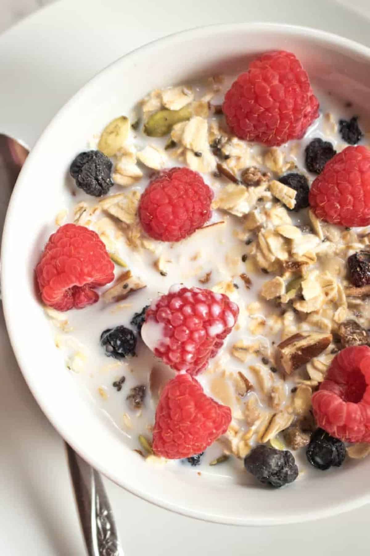 a bowl of muesli with fresh fruit on top.