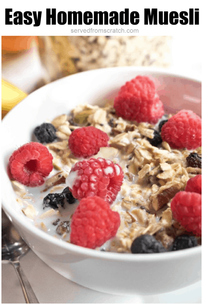 a bowl of muesli with fresh raspberries with Pinterest pin text.