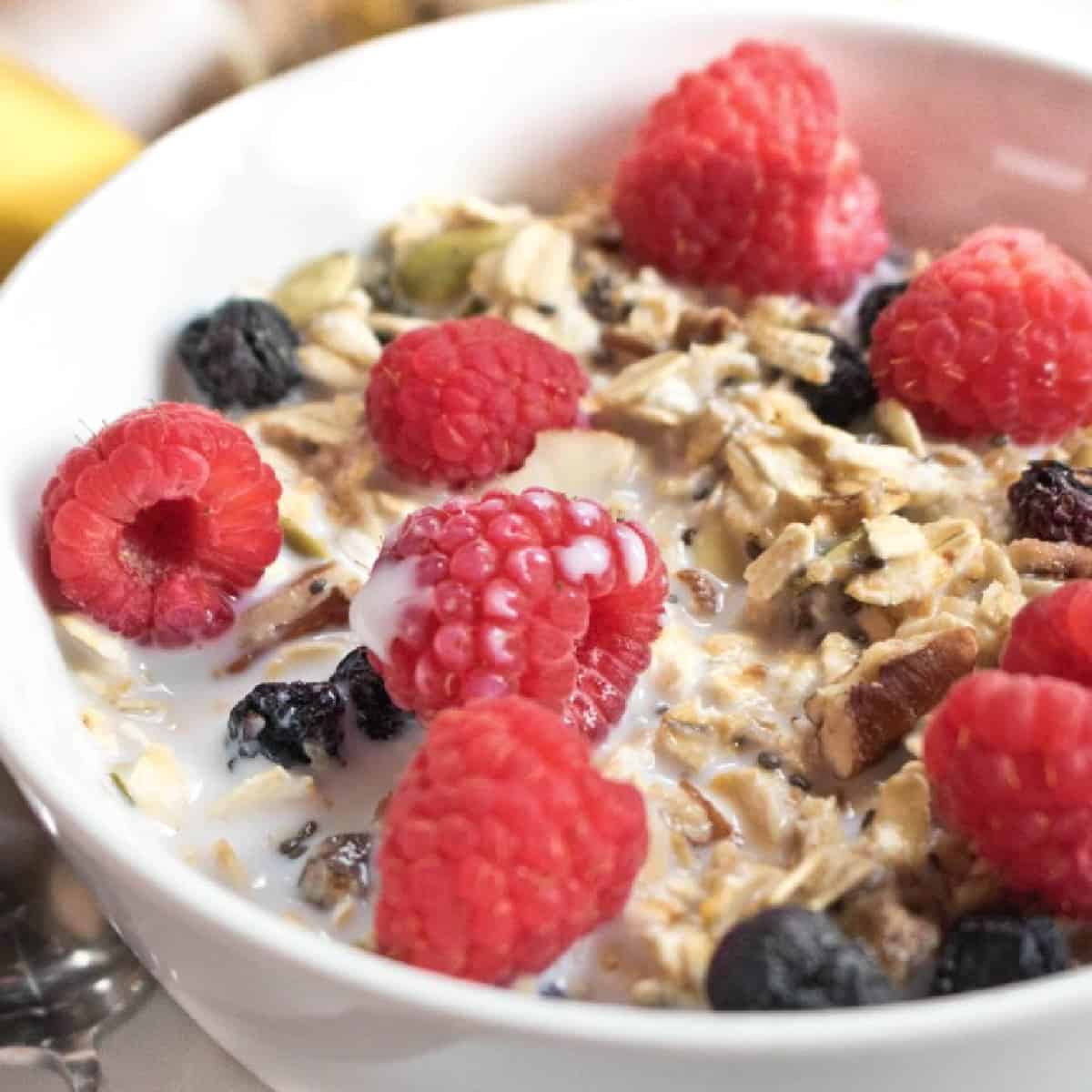 a bowl of muesli with fresh fruit on top. 