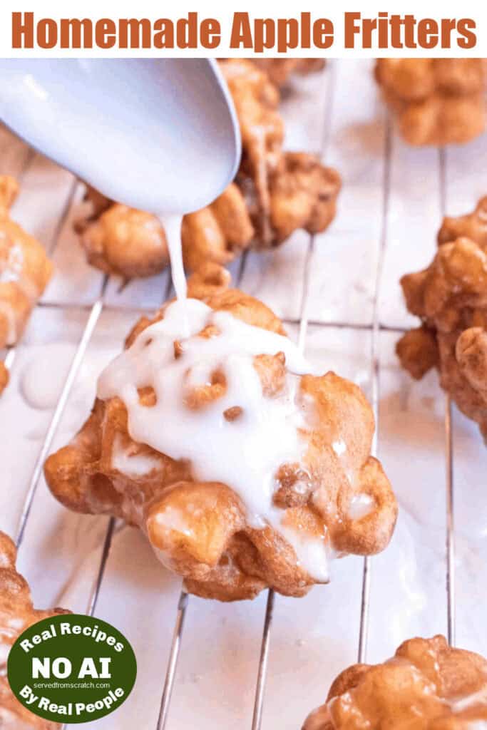 a tray of baked apple fritters with a spoon icing a fritter with Pinterest pin text with a NO AI sticker.