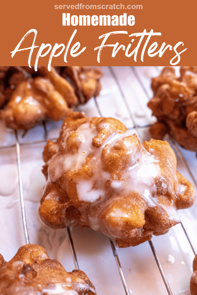 an iced fritter on a cooling race surrounded by other fritters with Pinterest pin text.