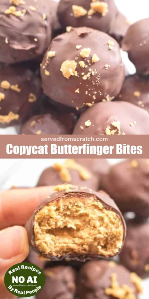 close up of a bowl of chocolate covered balls with crunchy topping with Pinterest pin text with one halved and a NO AI sticker.