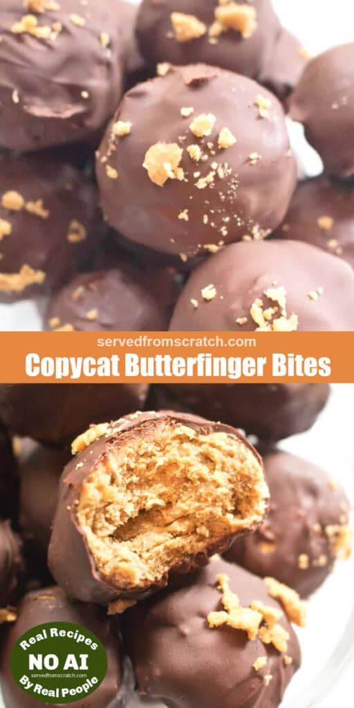 close up of a bowl of chocolate covered balls with crunchy topping with Pinterest pin text with one halved and a NO AI sticker.