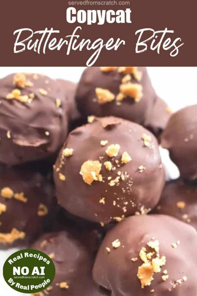 close up of a bowl of chocolate covered balls with crunchy topping with Pinterest pin text and a NO AI sticker.