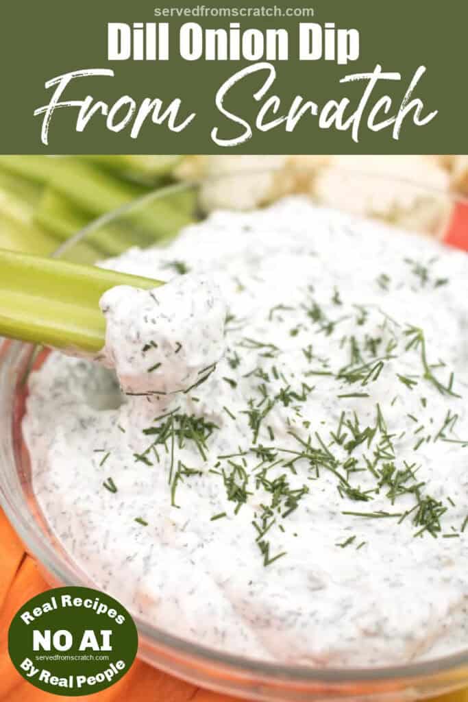 a bowl of dip and a celery dipping in it with Pinterest pin text and NO AI sticker.