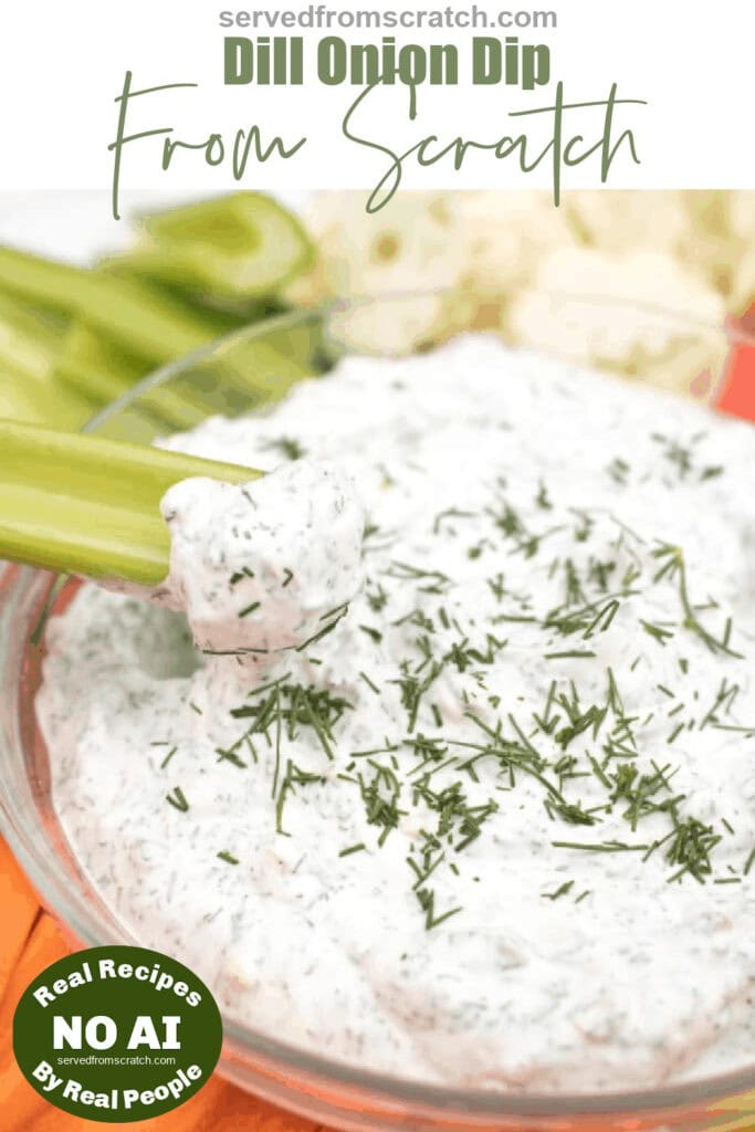 a bowl of dip and a celery dipping in it with Pinterest pin text and NO AI sticker.