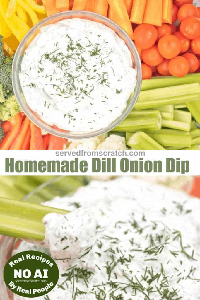 dill dip in a platter of veggies and a piece of celery dipped in it with Pinterest pin text.