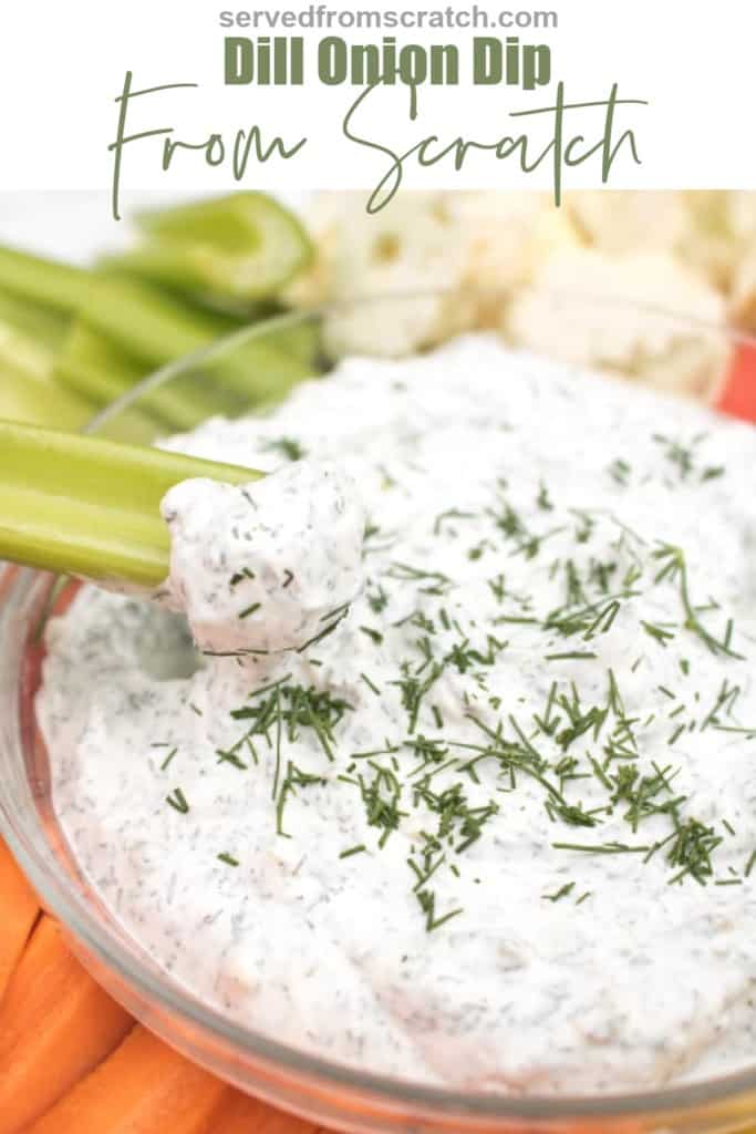 a bowl of dip with celery dipping in and Pinterest Pin text.