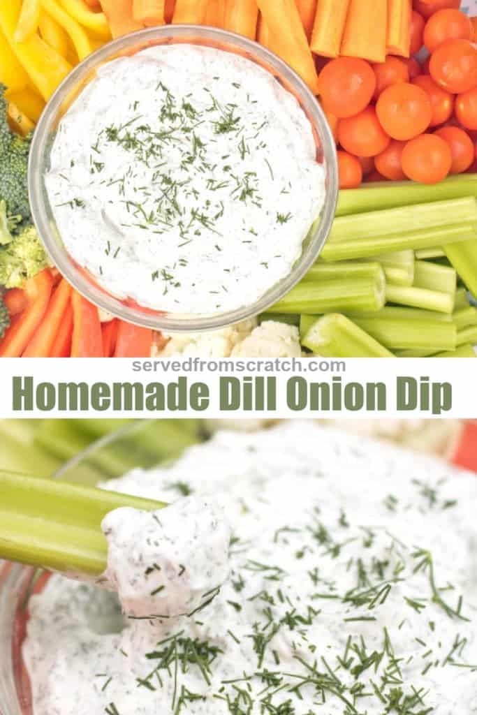 dill dip in a platter of veggies and a piece of celery dipped in it with Pinterest pin text.