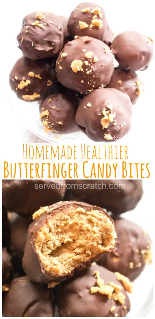 close up of a bowl of chocolate covered balls with crunchy topping with Pinterest pin text.