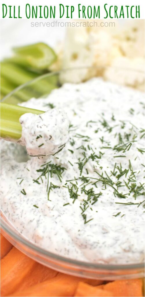 dill onion dip with a celery stick in it with Pinterest pin text.