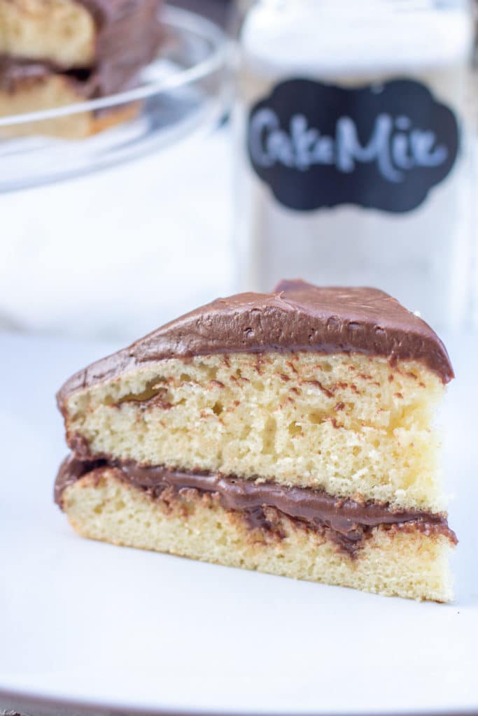 a slice of cake with chocolate frosting on a plate 