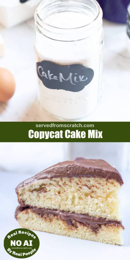 a jar of cake mix, Pinterest pin text, and a slice of yellow cake with chocolate frosting and a NO AI sticker.