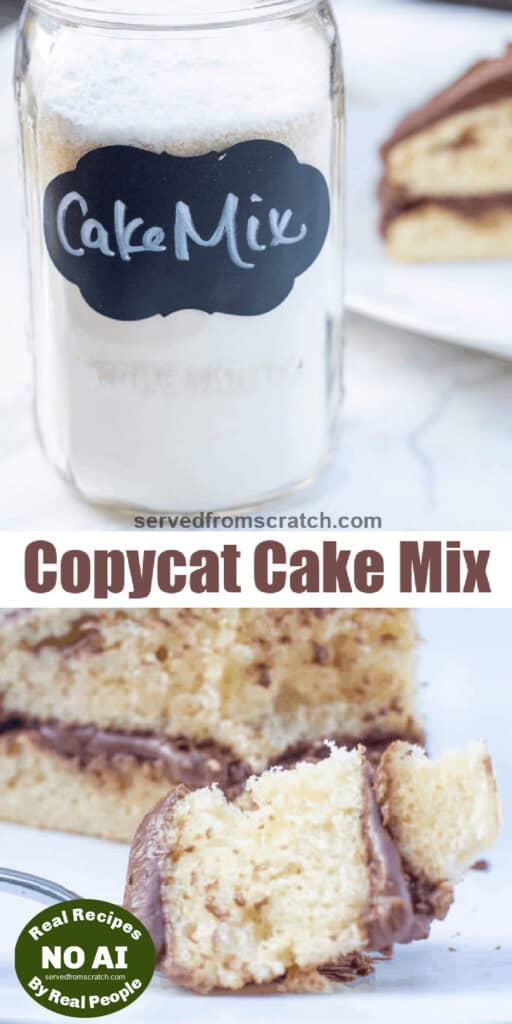 a jar of cake mix, Pinterest pin text, and a slice of yellow cake with chocolate frosting with a fork and a NO AI sticker.