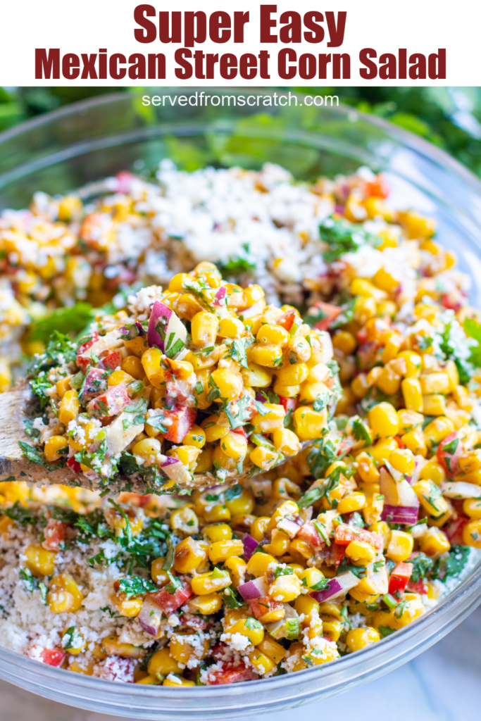 bowl of corn cheese pepper and cilantro with a creamy dressing and Pinterest text.