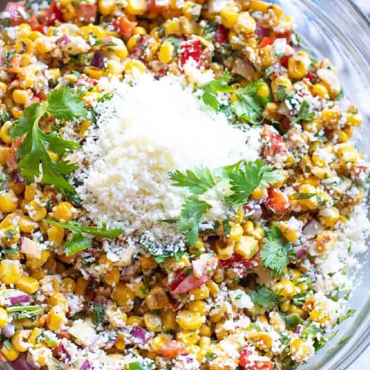 a bowl of mexican street corn salad.