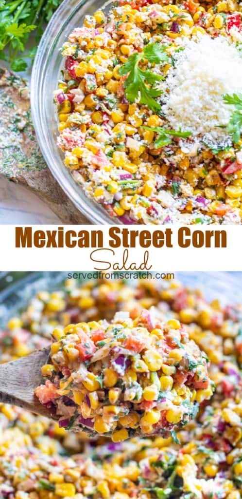 a bowl of corn salad topped with cheese and a bowl mixed with a spoon held up and Pinterest pin text.