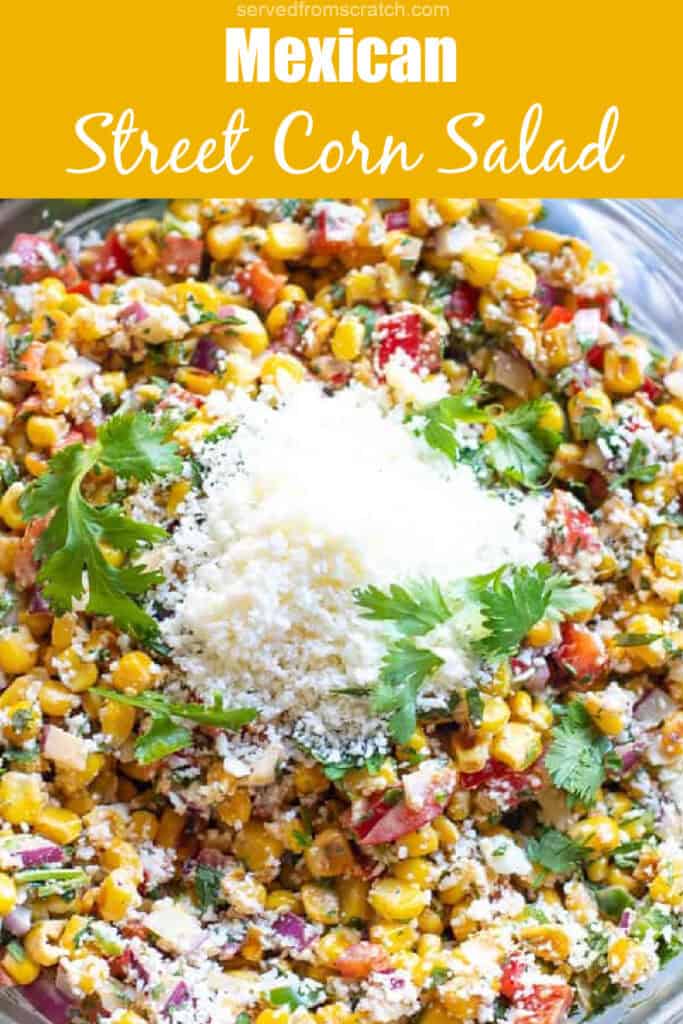 a bowl of corn salad with cotija and cilantro with Pinterest pin text.