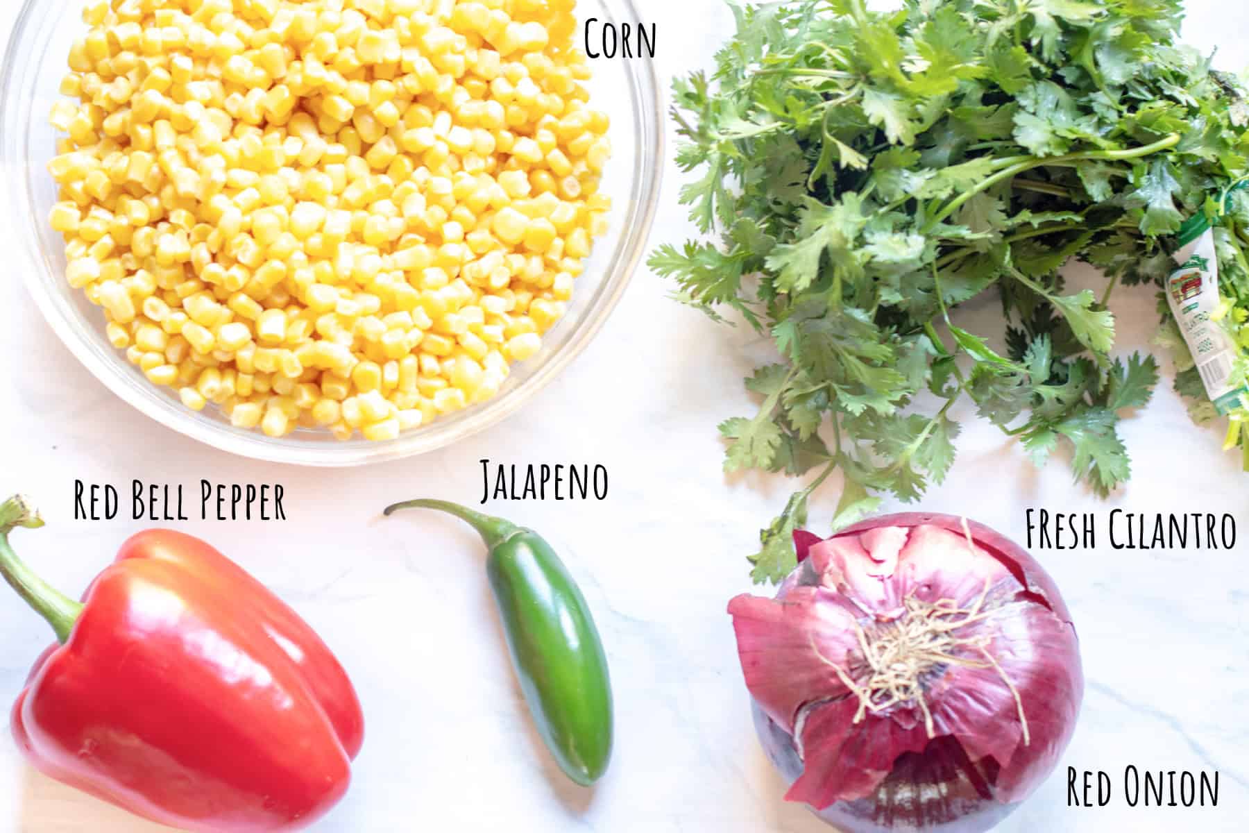 a bowl of corn, fresh cilantro, red bell pepper, jalapeno, red onion, all labeled.