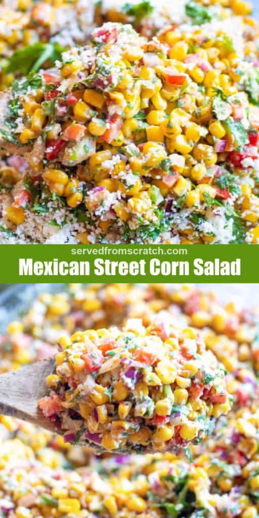 a bowl of mexican street corn salad with Pinterest pin text and a wooden spoon with some salad in it.