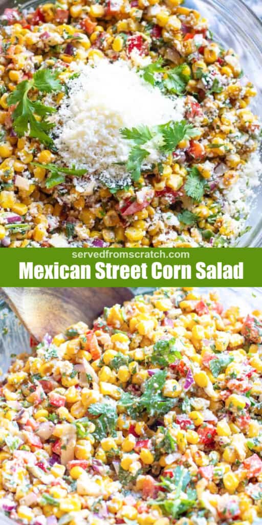 a bowl of mexican street corn salad with Pinterest pin text and a wooden spoon with some salad in it.