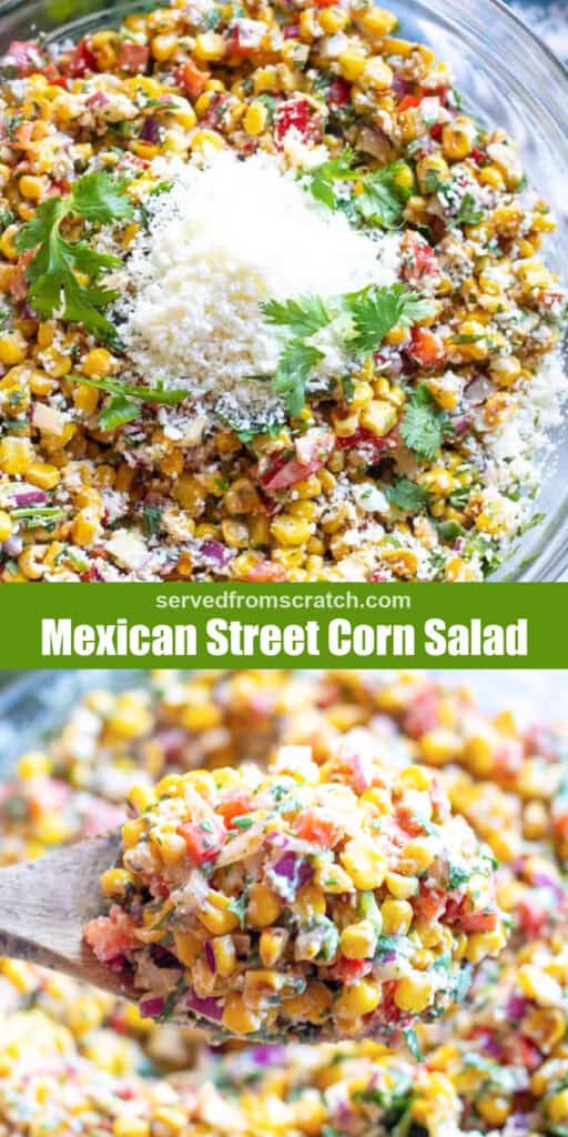 a bowl of mexican street corn salad with Pinterest pin text and a wooden spoon with some salad in it.