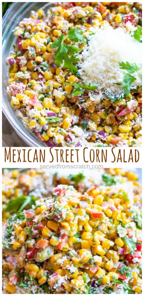 a bowl of corn salad topped with cheese and then mixed with Pinterest pin text.