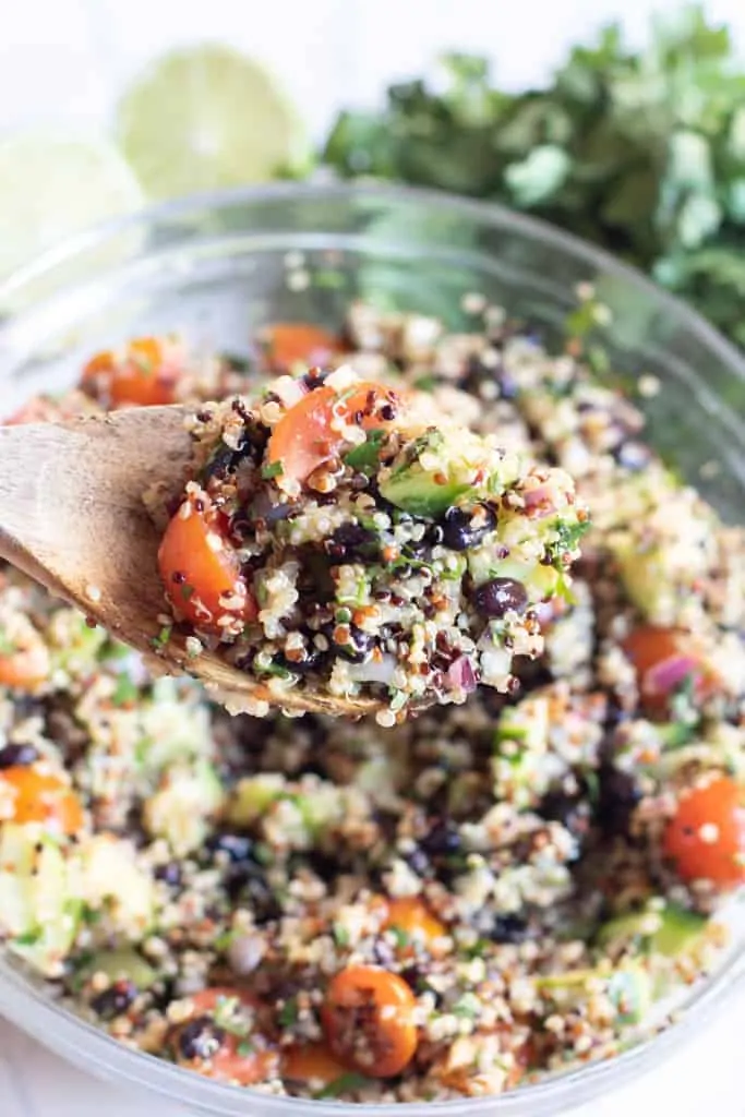 a large bowl of black bean quinoa salad