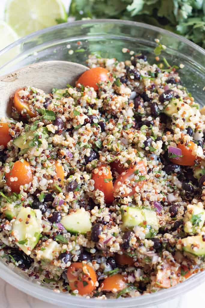 a large bowl of black bean quinoa salad